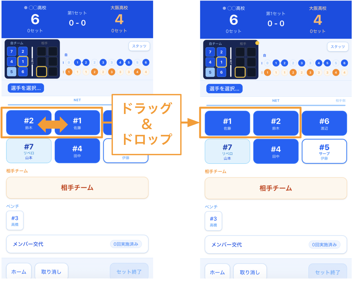 選手位置変更機能（ドラッグ＆ドロップ）