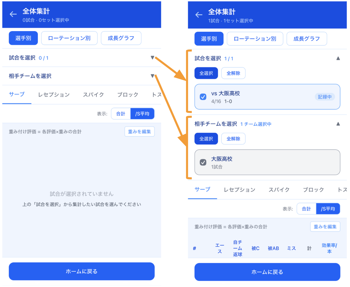 全体集計画面（試合選択+スタッツ表示）